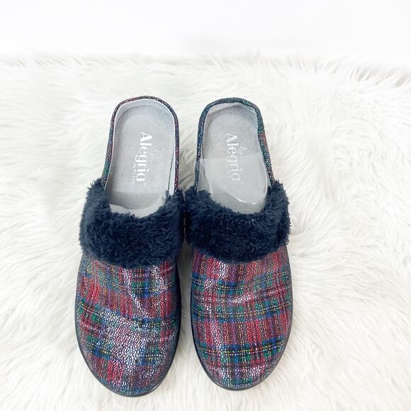 Alegria 40 EU 10 US Womens Black Isabelle Tartan Plaid Leather Fur Mules Clog - Picture 8 of 14